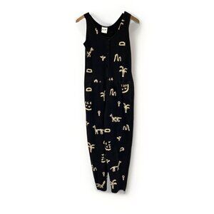 Vtg M Mac Sleeveless Jumpsuit‎ Romper Black Gold Novelty Print Giraffe Palm Tree
